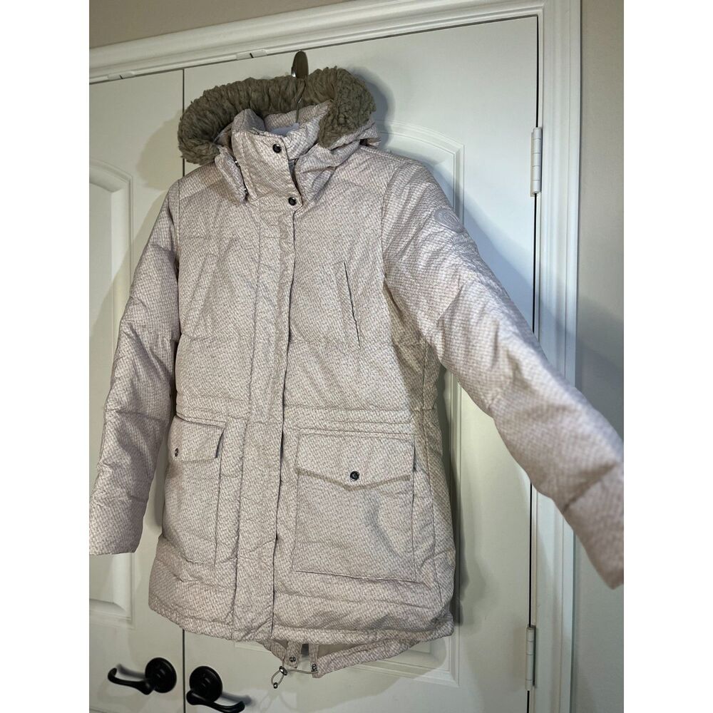 Lauren Ralph Lauren Puffer Jacket Hooded Faux Fur Trim Winter Coat Cream Tan S